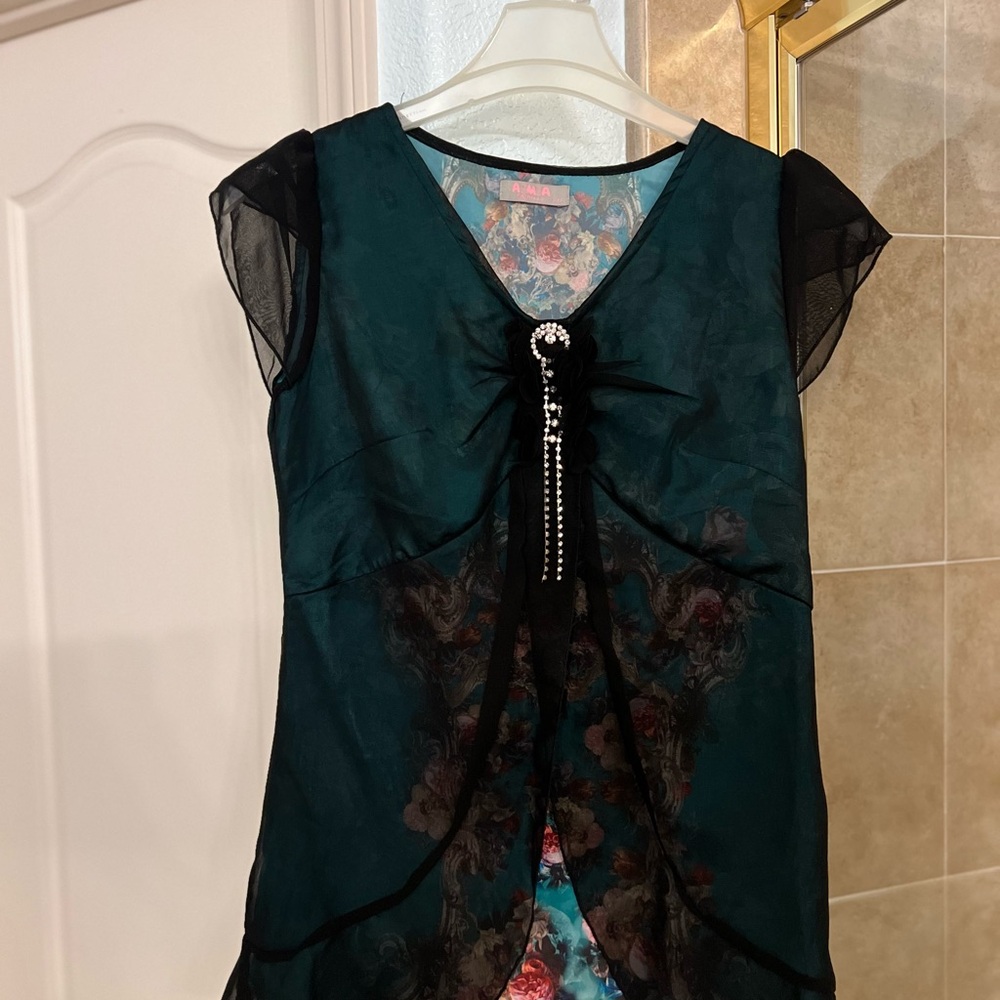 Elegant Teal and Black Sheer Blouse